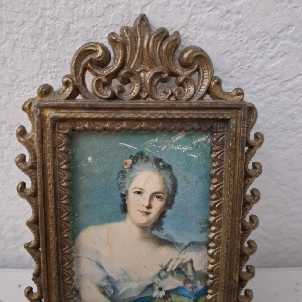 Antique Glass Front Italian Brass Metal Filigree Photo Frame 4
